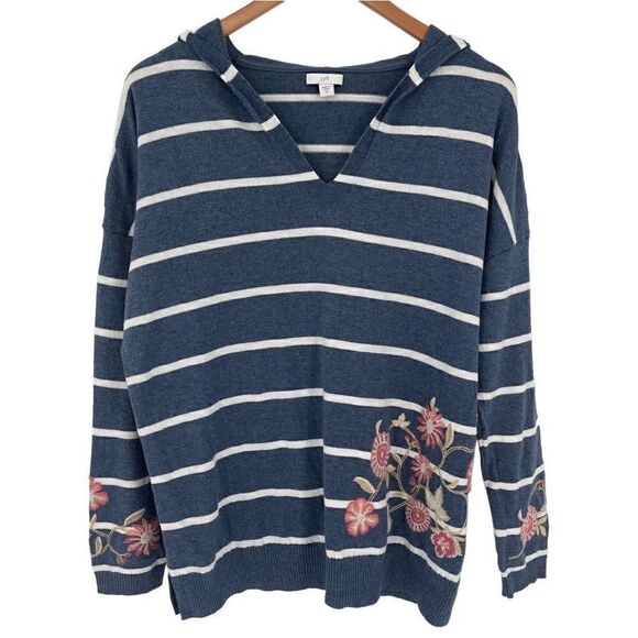 J Jill Striped Floral Embroidered Hooded Pullover Sweater Women Medium Blue - Picture 3 of 7